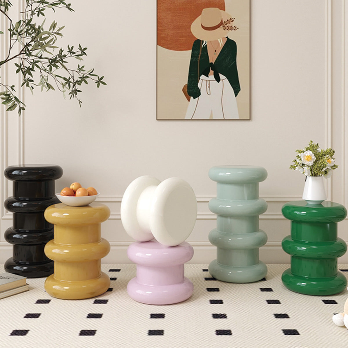 Plastic Cream Multi-Layer Stool & Side Table